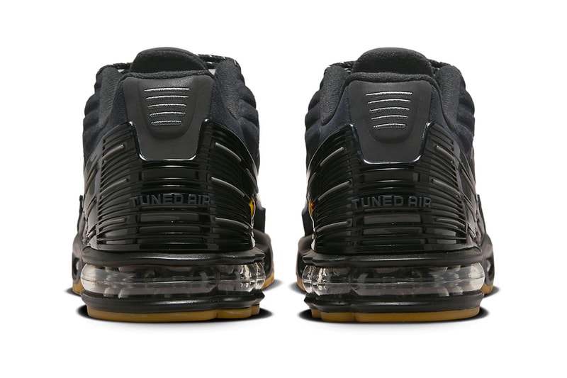 Nike Air Max Plus 3 Surfaces in "Black/Gum" FV0386-001 swoosh technical shoe greyscale upper ombre hues dark black comfort tuned air