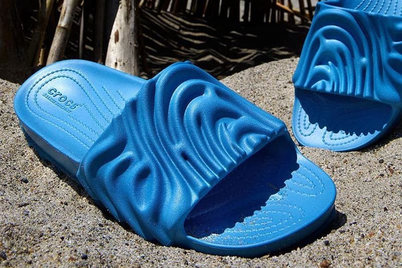 Release Info for Salehe Bembury's Crocs Pollex Slides "Tashmoo" blue flip flops slides clogs fingerprint sandals