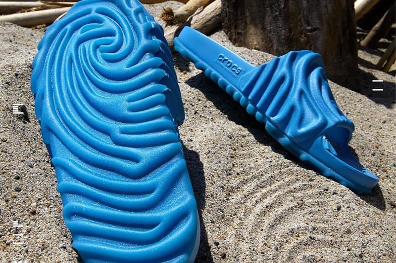 Release Info for Salehe Bembury's Crocs Pollex Slides "Tashmoo" blue flip flops slides clogs fingerprint sandals