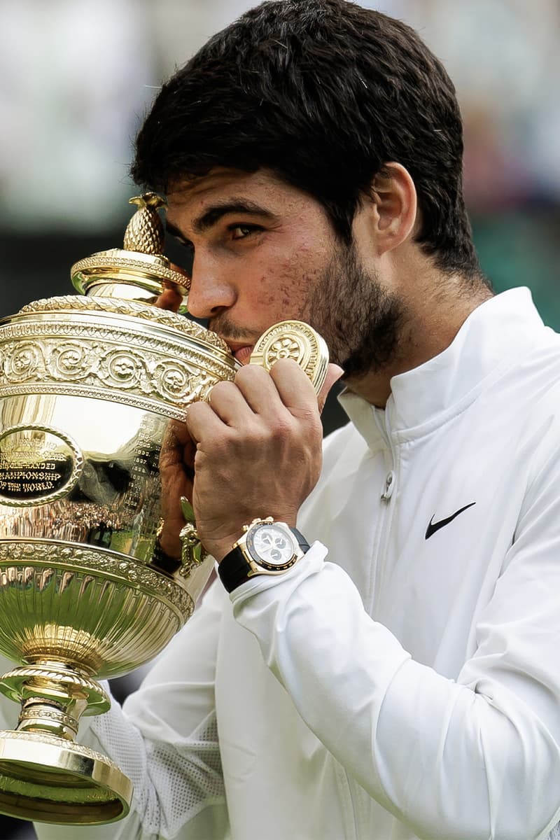 Wrist Check: Wimbledon Champion Carlos Alcaraz Sports Ref. 116519 LN Rolex Cosmograph Daytona, Runner-Up Novak Djokovic Wears Hublot Big Bang luxury watches HUB1280 UNICO limited edition 18 carat yellow gold 