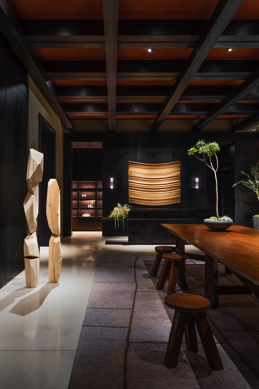 Yabu Pushelberg Designs New Dual Branded LA Hotels los angeles the moxy marriott the ac hotel spanish hacienda aesthetic wood birch california elevated designs sophisticated George Yabu and Glenn Pushelberg custom display installation floral furniture oak design art