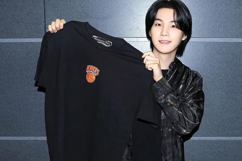 BTS' Suga Unveils NBA Collaboration with Mitchell & Ness new york knics k-pop star t shirts hoodies jackets shorts Chicago Bulls, the Golden State Warriors, the Los Angeles Clippers, the Los Angeles Lakers brooklyn nets