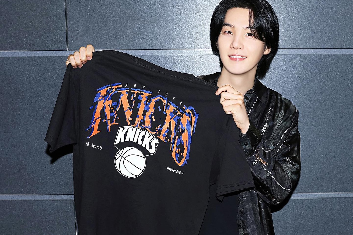 BTS' Suga Unveils NBA Collaboration with Mitchell & Ness new york knics k-pop star t shirts hoodies jackets shorts Chicago Bulls, the Golden State Warriors, the Los Angeles Clippers, the Los Angeles Lakers brooklyn nets