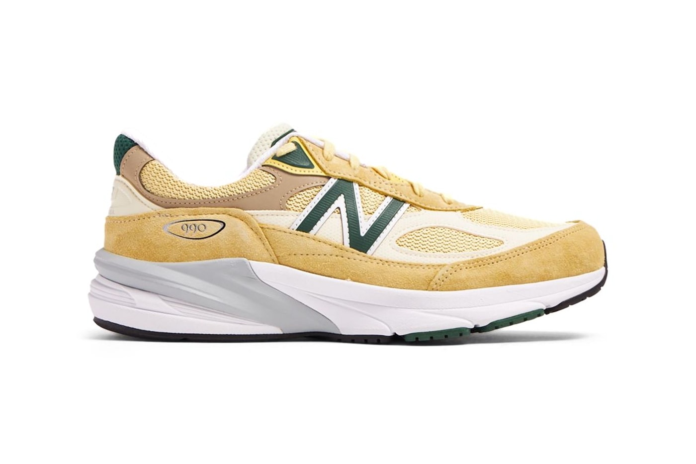 New Balance 990V6 Made in USA Arrives in "Pale Yellow" U990TE6 Pale Yellow/Forest Green everyday sneaker