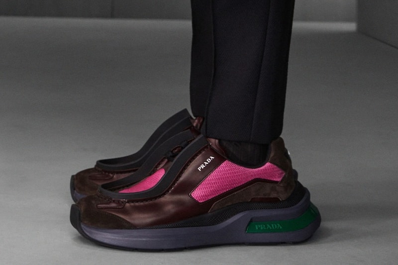 Prada Brushed leather sneakers with bike fabric and suede elements Garnet Black Vanilla White Fall Winter 2023 Runway Raf Simons