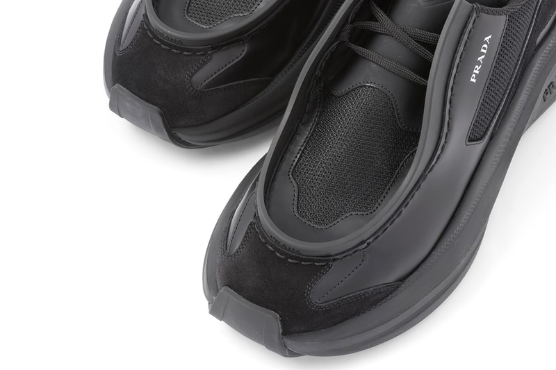 Prada Brushed leather sneakers with bike fabric and suede elements Garnet Black Vanilla White Fall Winter 2023 Runway Raf Simons