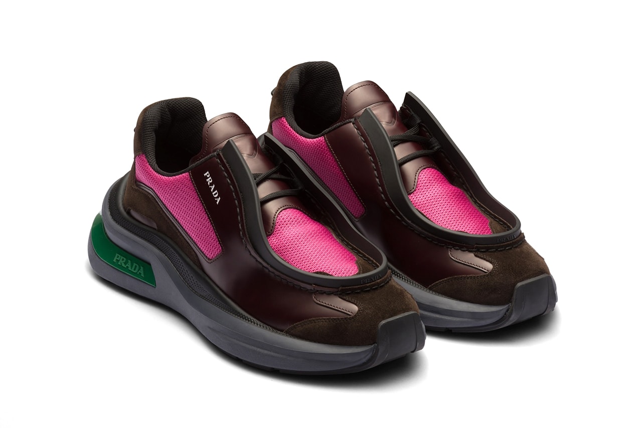 Prada Brushed leather sneakers with bike fabric and suede elements Garnet Black Vanilla White Fall Winter 2023 Runway Raf Simons