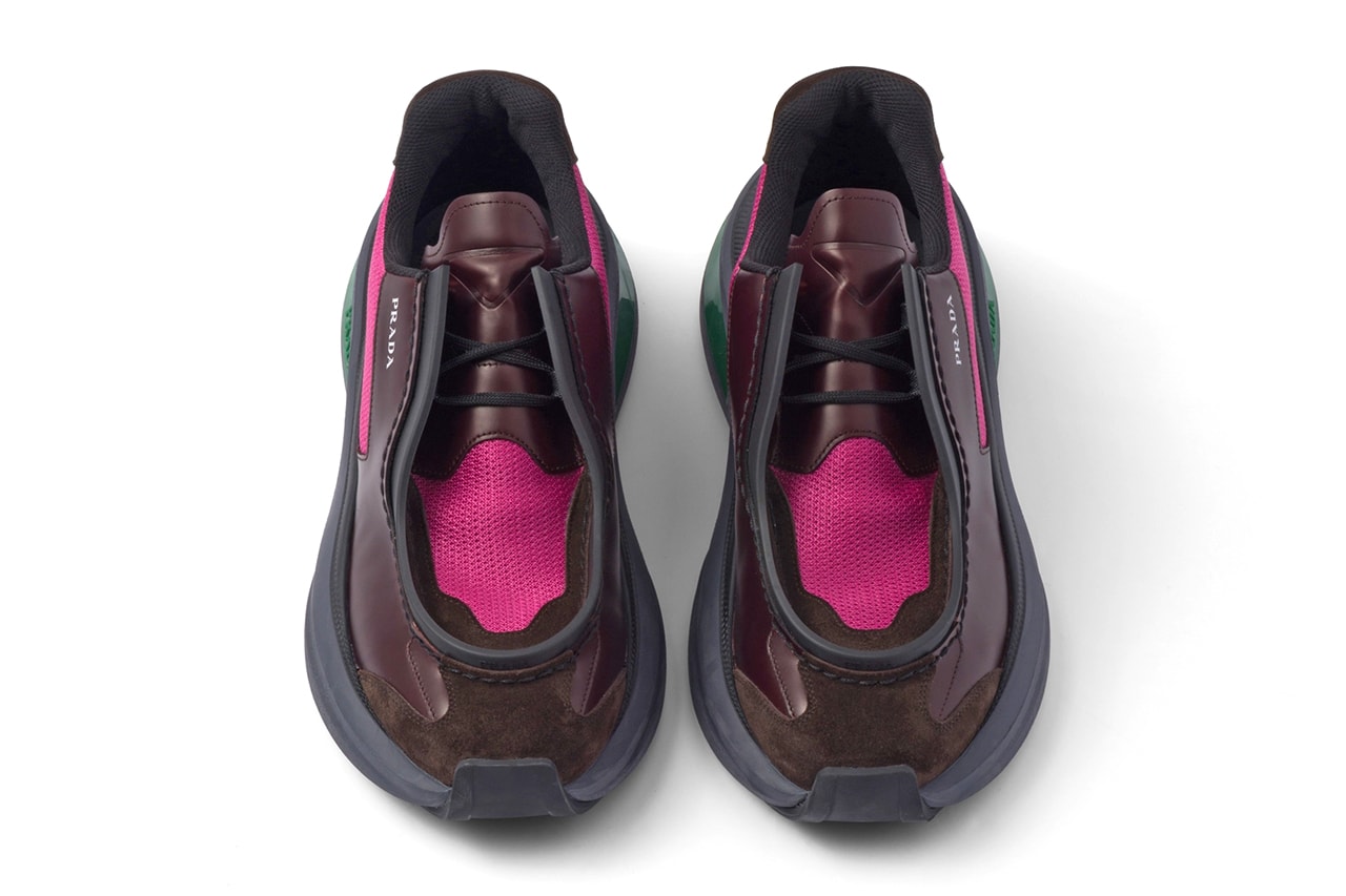 Prada Brushed leather sneakers with bike fabric and suede elements Garnet Black Vanilla White Fall Winter 2023 Runway Raf Simons