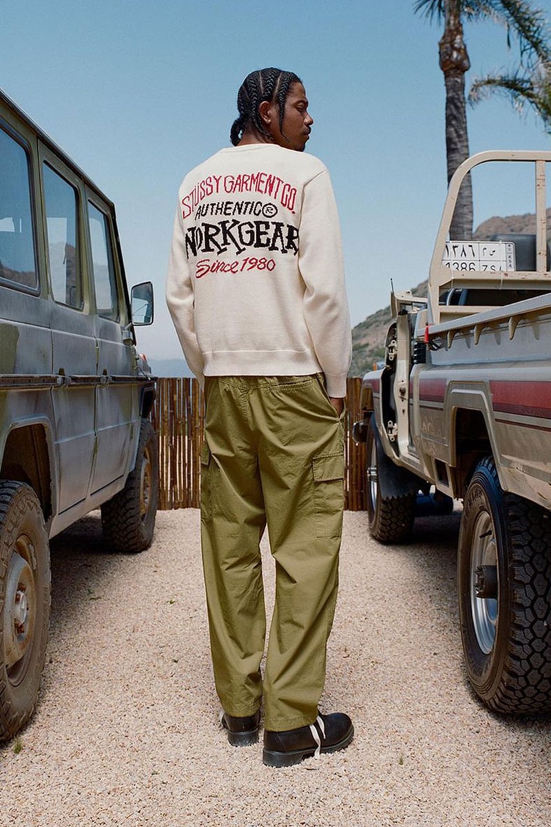 stussy fall winter 2023 collection lookbook puffer knit sweaters denim jacket vest trucker hats dice cargo pants zip up jacket release date info store list buying guide photos price 