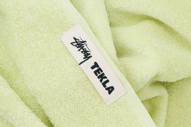 Tekla and Stüssy Deliver Cozy Collab fabrics towels bathrobe terry lime green colorway stussy hand drawn stripers color shirt shorts sleepwear sleep