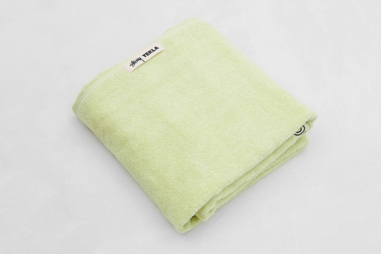 Tekla and Stüssy Deliver Cozy Collab fabrics towels bathrobe terry lime green colorway stussy hand drawn stripers color shirt shorts sleepwear sleep