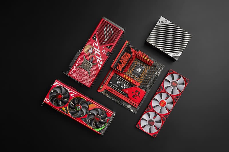 ASUS Republic of Gamers Neon Genesis Evangelion Unit-02 Collection Asuka Motherboard Ryujin AIO cooler Strix GeForce RTXTM graphics card