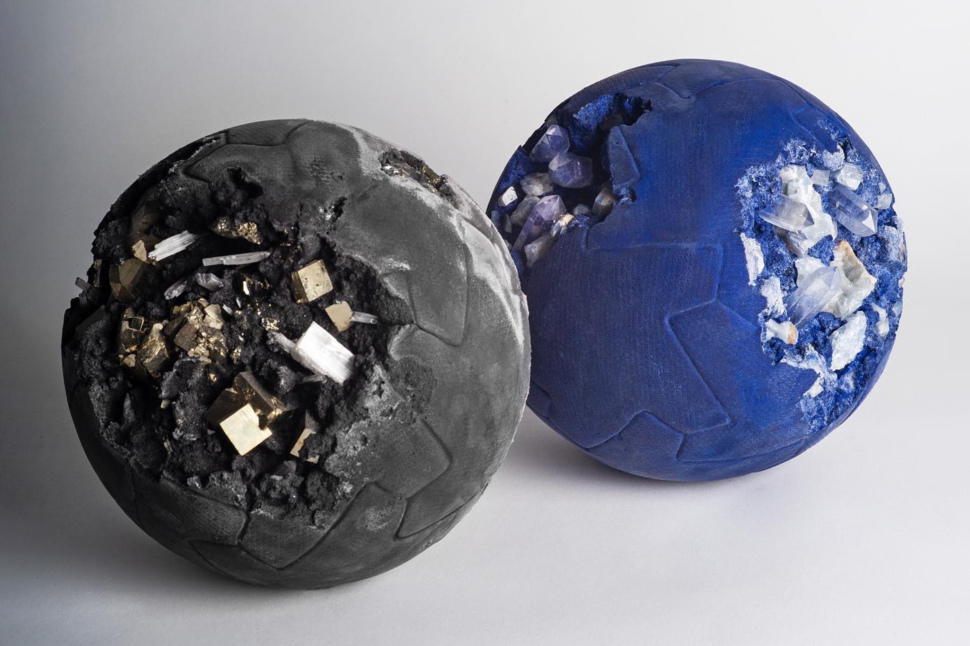 Daniel Arsham Gifts Custom Pieces to Inter Milan soccer balls football balls crystal black and blue