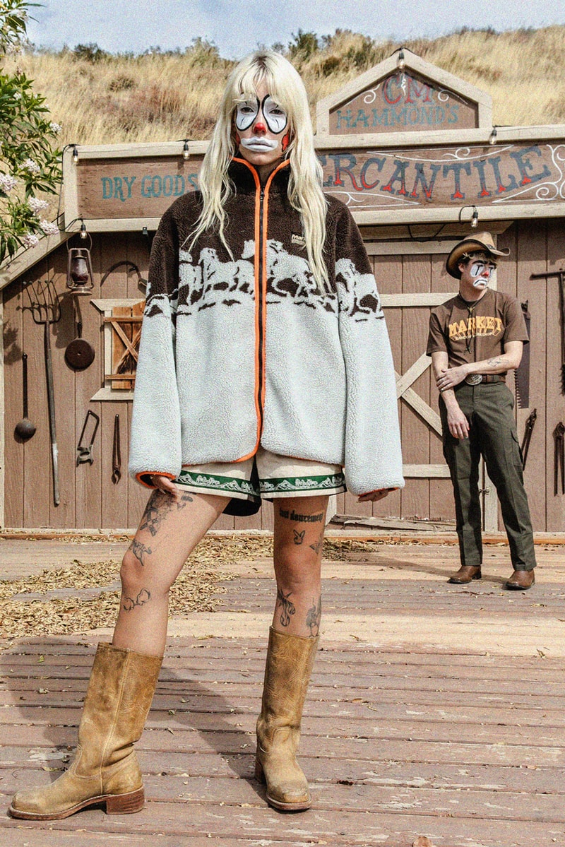 MARKET Looks to the Wild West for Latest Fall 23 Capsule rodeo western romance chinatown horse autumn winter sherpa hoodie jacket short t shirt hat beanie smiley face clown