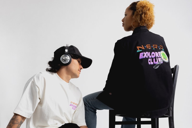 N.E.R.D. and Louis De Guzman Join Forces for N.E.R.D. EXPLORERS CLUB Capsule collection collaboration band music pharrell drop september website space rug headwear socks jacket embroidery tshirt tee shirt top