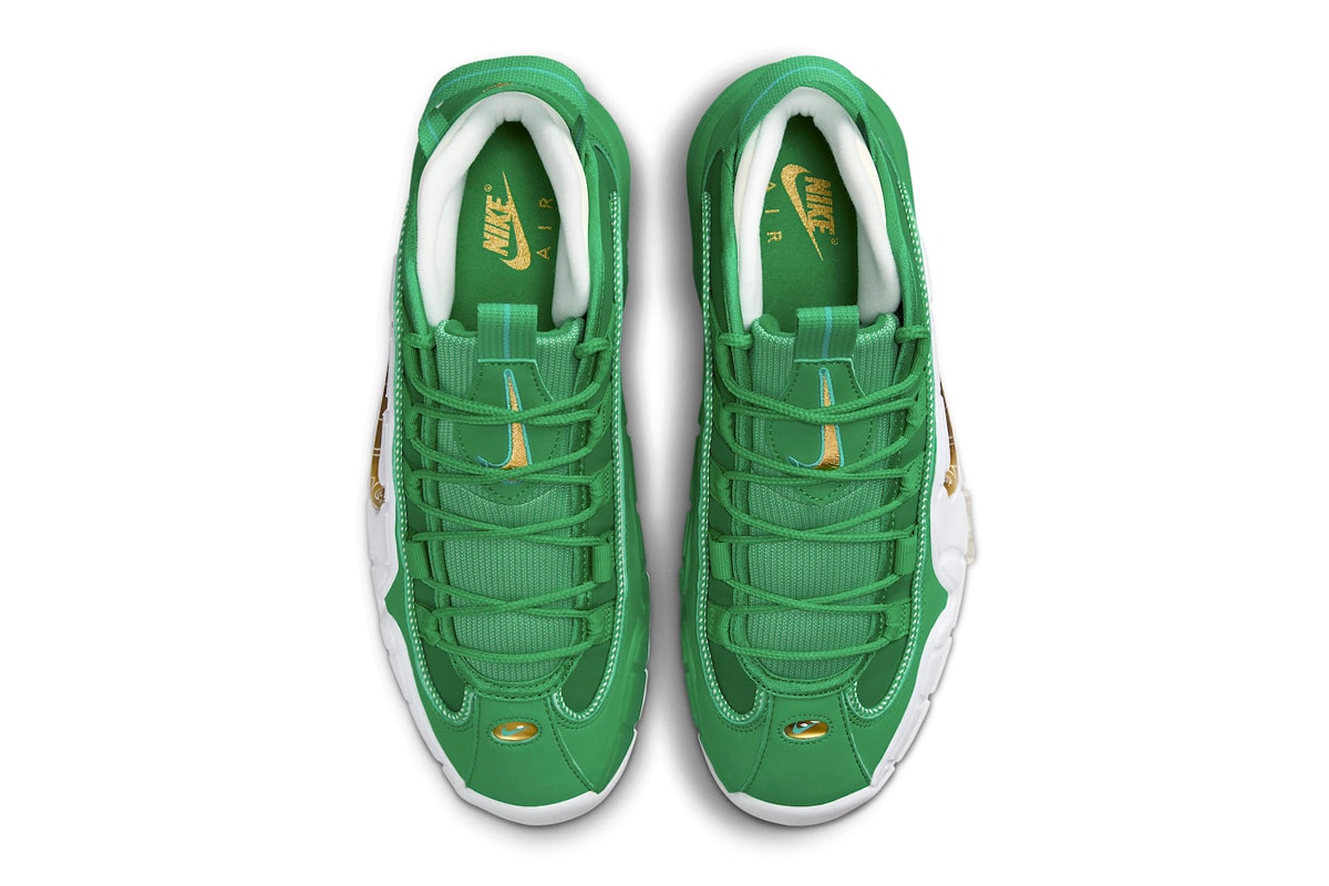 Official Look at the Nike Air Max Penny 1 "Stadium Green" Stadium Green/Metallic Gold-White-Mystic Green-Blue Lightning FQ8827-324 holiday 2023 penny hardaway cent