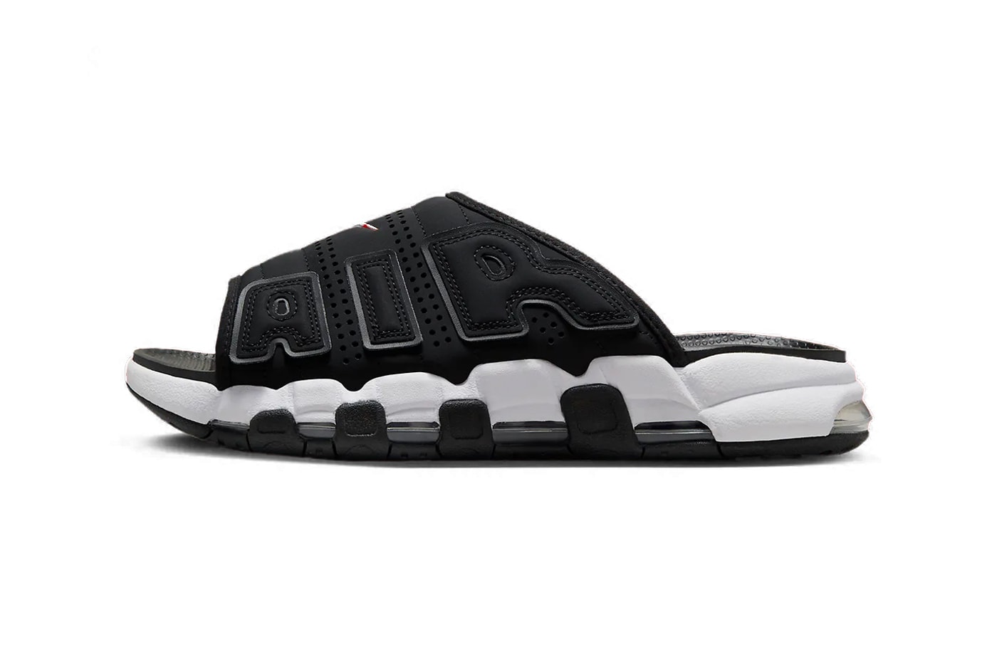 Nike Air More Uptempo Slide Arrives in Blacked-Out Lettering FJ2708-001 Release Info sandals pool beach