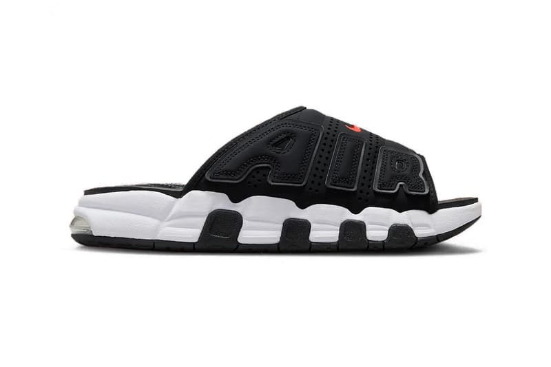 Nike Air More Uptempo Slide Arrives in Blacked-Out Lettering FJ2708-001 Release Info sandals pool beach