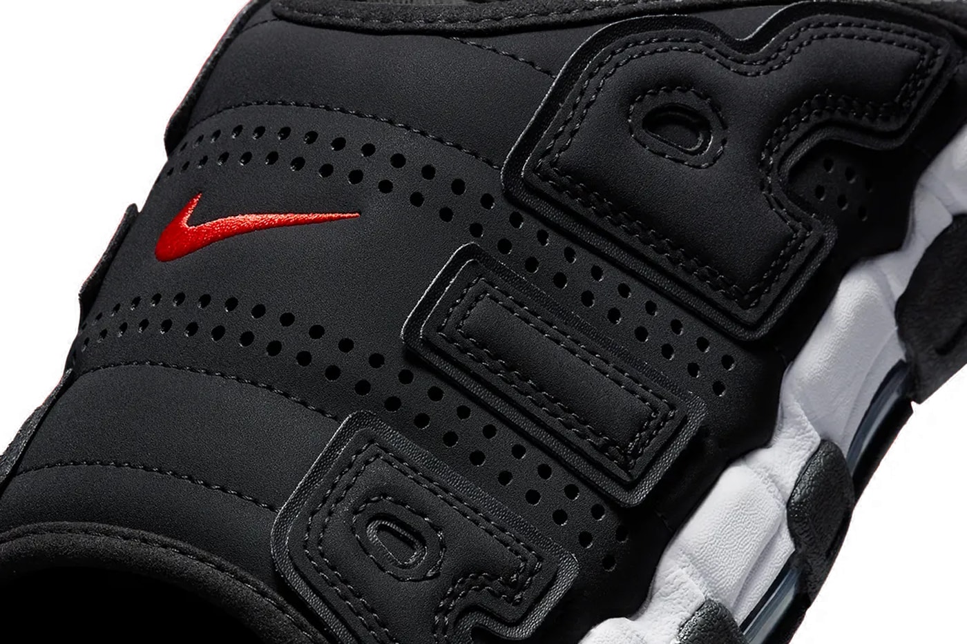 Nike Air More Uptempo Slide Arrives in Blacked-Out Lettering FJ2708-001 Release Info sandals pool beach
