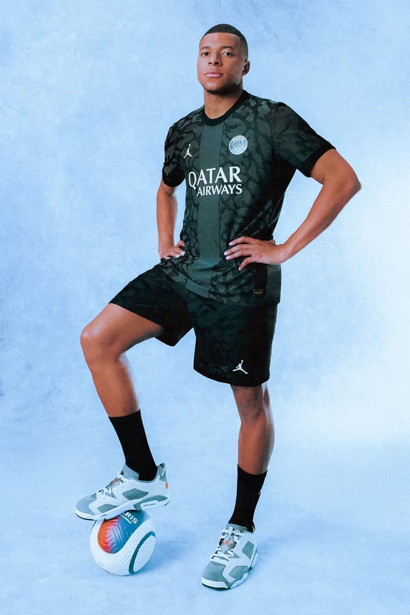 Paris Saint-Germain Reveals Third Jordan Brand Kit for the 2023/24 Season collection kylian mbappe air jordan 6 low grey black jumpman peat 3s white orange 