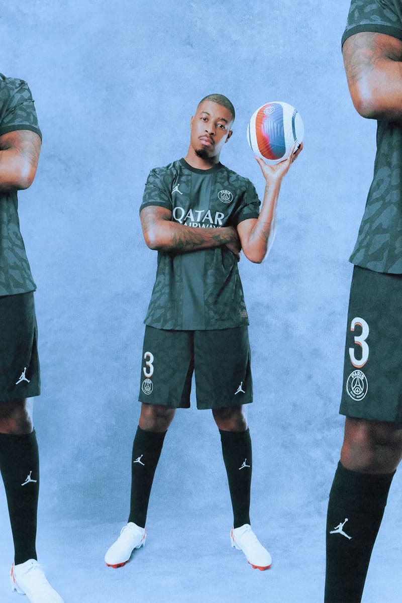 Paris Saint-Germain Reveals Third Jordan Brand Kit for the 2023/24 Season collection kylian mbappe air jordan 6 low grey black jumpman peat 3s white orange 