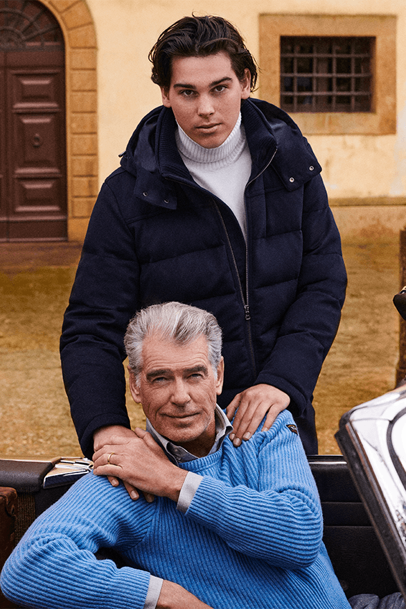 Paul&Shark Fall/Winter 2023 A Father and Son Tale Campaign menswear Anna Dello Russo family Pierce Paris Brosnan