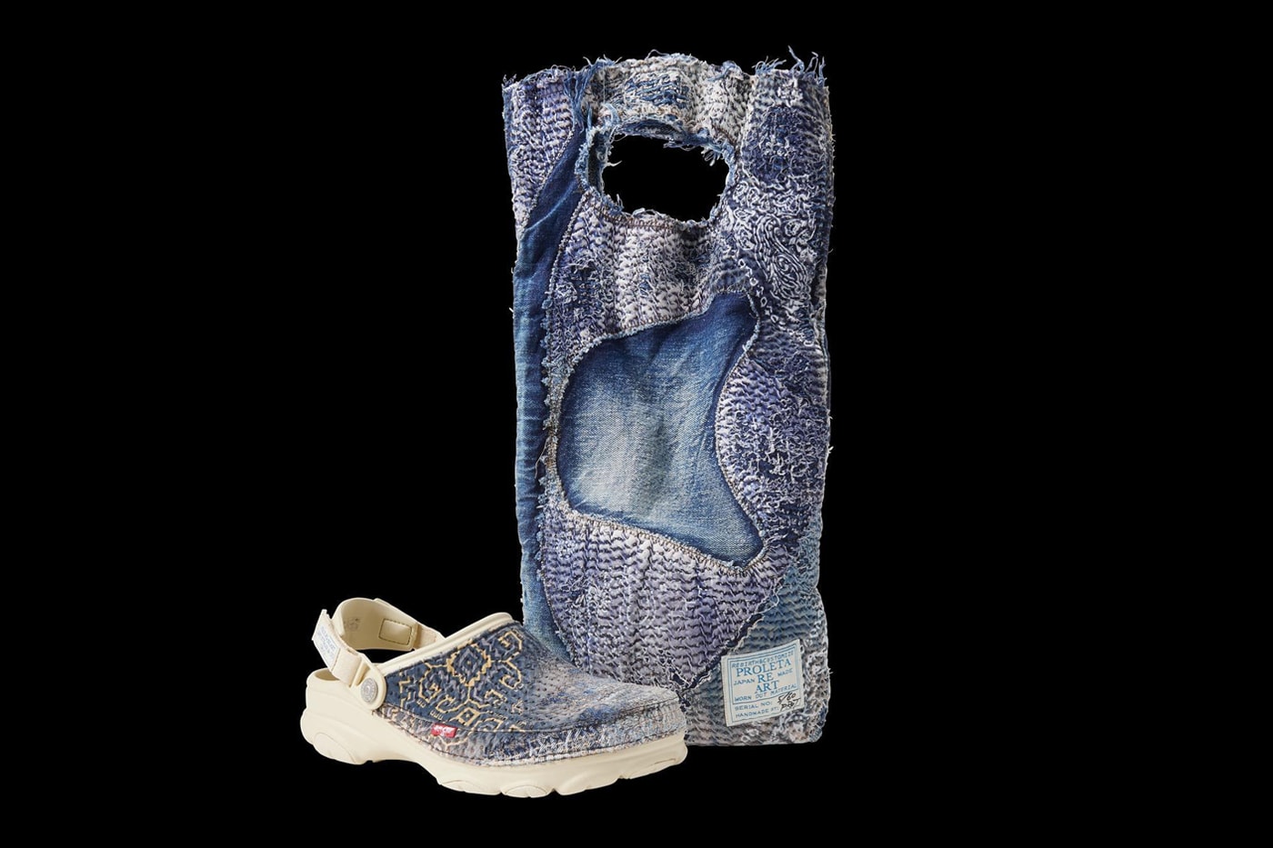 PROLETA RE ART Collaborates With Levis and Crocs for Special Shoe and Bag Combo Using Dead Stock Denim sustainability 