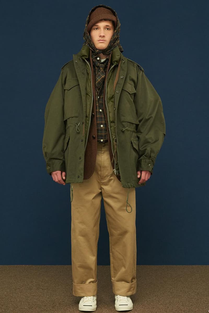 Shinsuke Nakada Debuts "UNLIKELY" New Brand With FW23 Collection carhartt beams japan creative director workwear elevated streetwear hoodie tweed wool parka jacket silhouette fall winter vest outerwear hat tie bucket crewneck shirt pants jeans denim