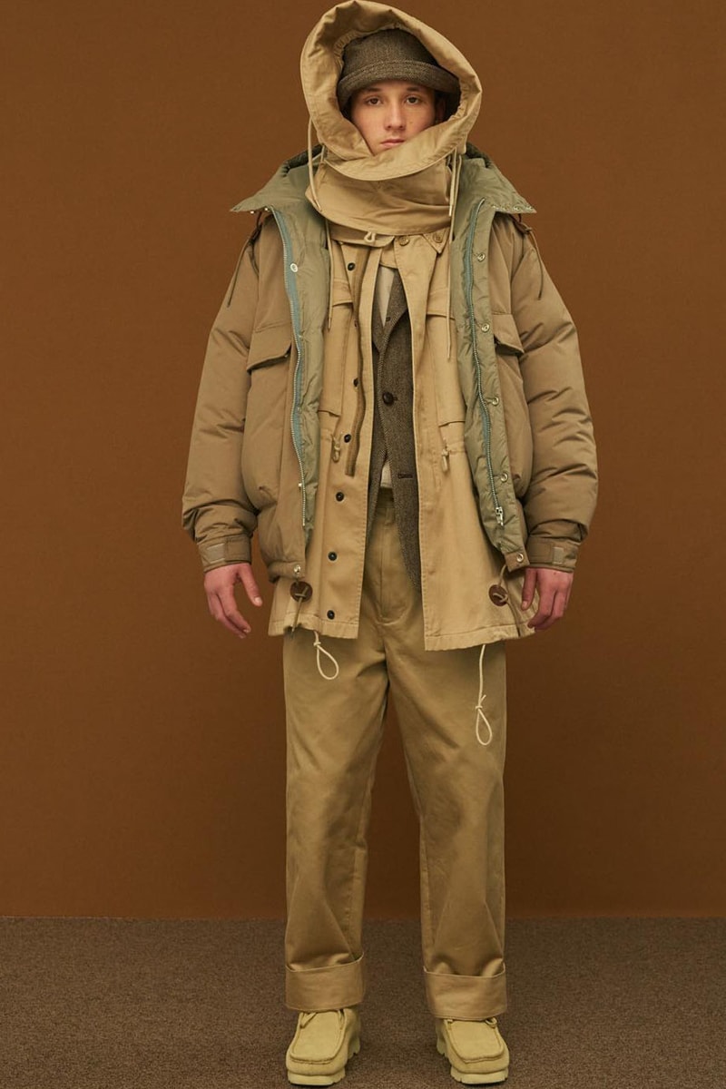 Shinsuke Nakada Debuts "UNLIKELY" New Brand With FW23 Collection carhartt beams japan creative director workwear elevated streetwear hoodie tweed wool parka jacket silhouette fall winter vest outerwear hat tie bucket crewneck shirt pants jeans denim