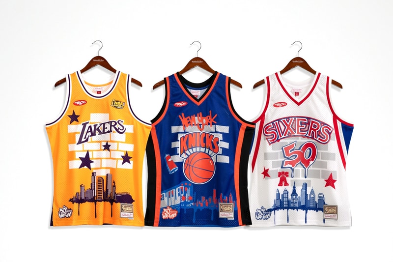 Mitchell & Ness x TATS CRU Link for Hip-Hop 50 Capsule basketball teams cities honored in the capsule include New York, New Jersey, Atlanta, Chicago, Miami, Detroit, Los Angeles, and heat pistons Philadelphia nba season knicks bulls sixers lakers nets goat kobe anniversary major metropolitan cities rap hip hop culture