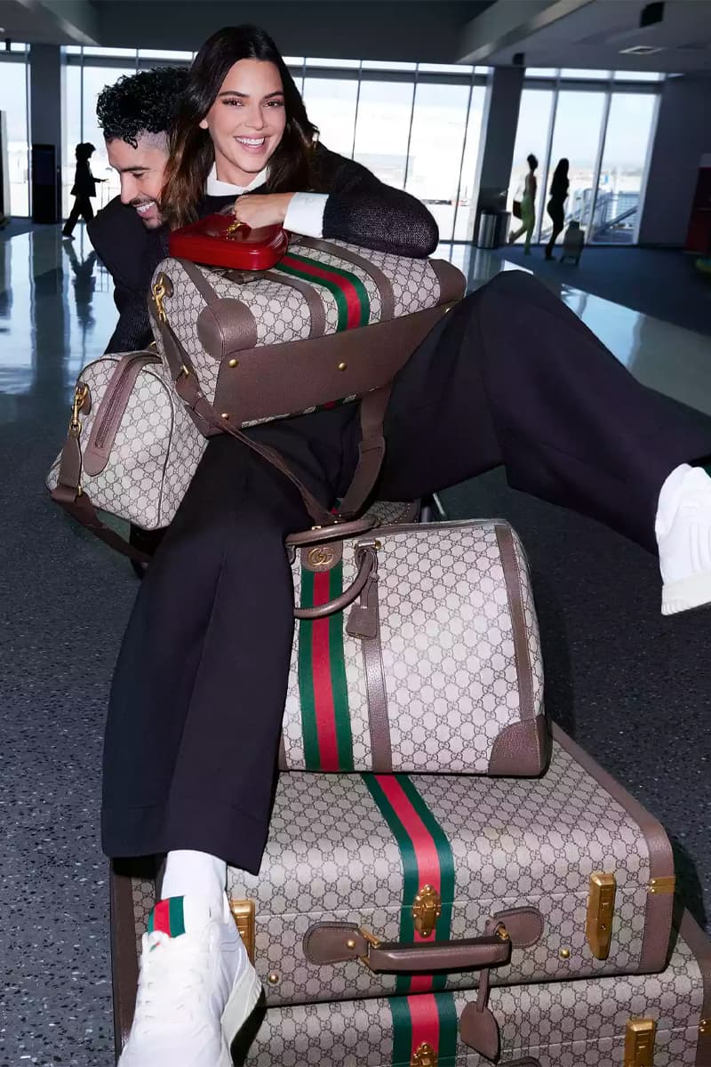 Bad Bunny and Kendall Jenner Front Latest Gucci Valigeria Campaign guccy savoy collection heritage travel suitcase duffle bags