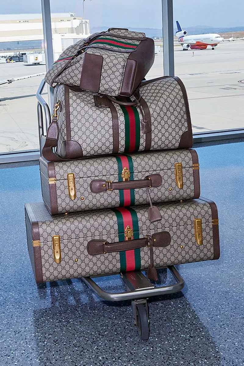 Bad Bunny and Kendall Jenner Front Latest Gucci Valigeria Campaign guccy savoy collection heritage travel suitcase duffle bags