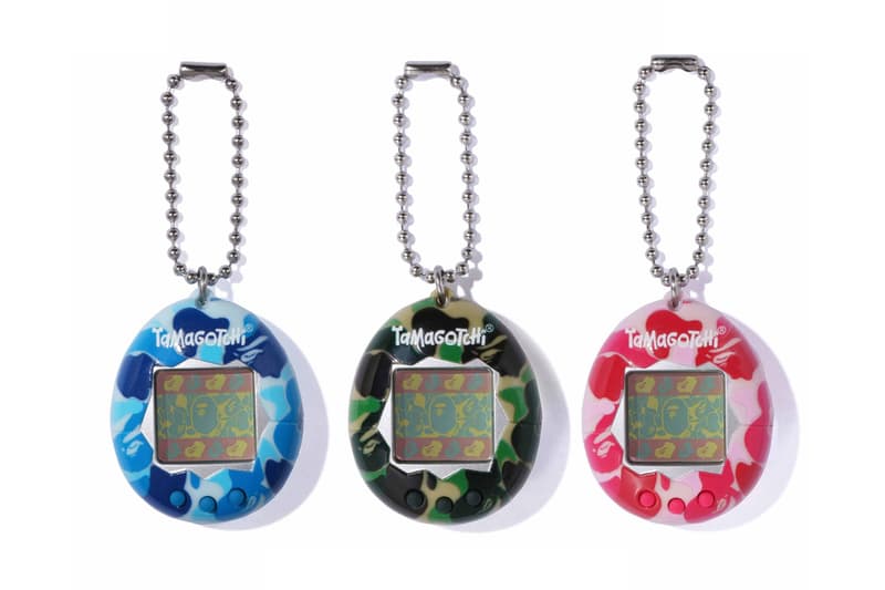 BAPE x Tamagotchi Team Up For Nostalgic Collaboration toy digital mobile pet japan bandai game green blue pink a bathing ape camo apparel drop release hoodie merch tshirt 