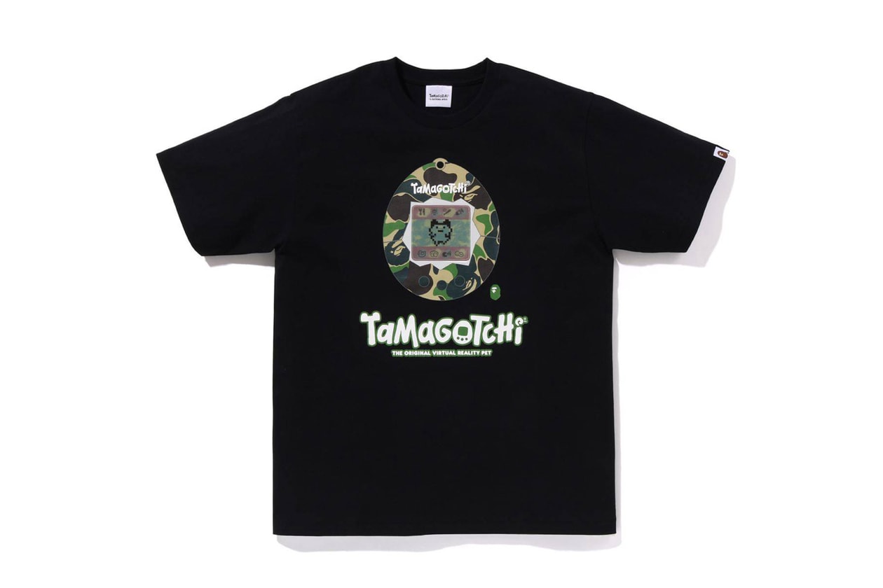 BAPE x Tamagotchi Team Up For Nostalgic Collaboration toy digital mobile pet japan bandai game green blue pink a bathing ape camo apparel drop release hoodie merch tshirt 