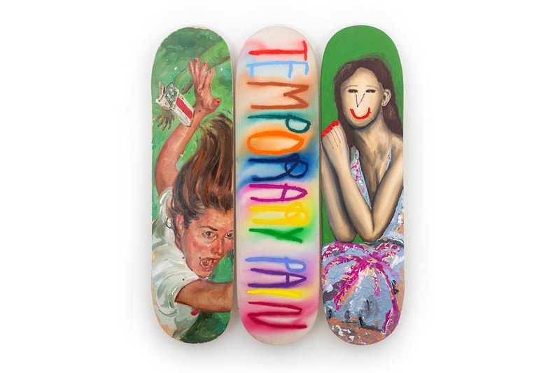 CB Hoyo, Evgen Čopi Gorišek and Pascal Möhlmann Join Forces on “FALLING” Skate Decks skateboard skate room largest triptych art vibrant renaissance baroque smile smiling