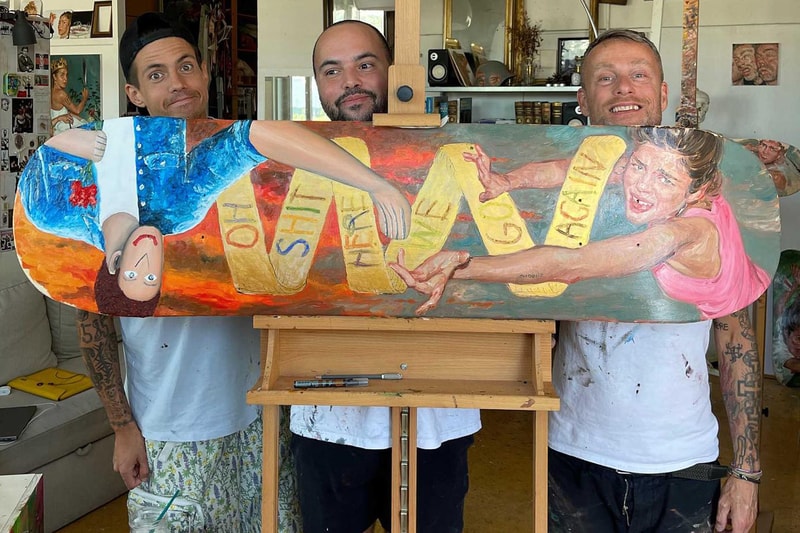 CB Hoyo, Evgen Čopi Gorišek and Pascal Möhlmann Join Forces on “FALLING” Skate Decks skateboard skate room largest triptych art vibrant renaissance baroque smile smiling