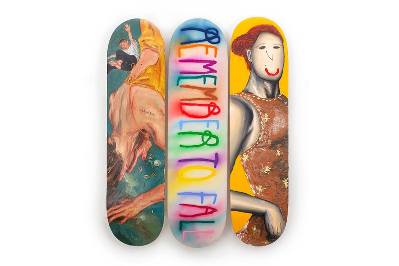 CB Hoyo, Evgen Čopi Gorišek and Pascal Möhlmann Join Forces on “FALLING” Skate Decks skateboard skate room largest triptych art vibrant renaissance baroque smile smiling