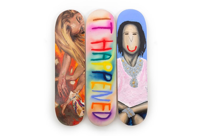 CB Hoyo, Evgen Čopi Gorišek and Pascal Möhlmann Join Forces on “FALLING” Skate Decks skateboard skate room largest triptych art vibrant renaissance baroque smile smiling