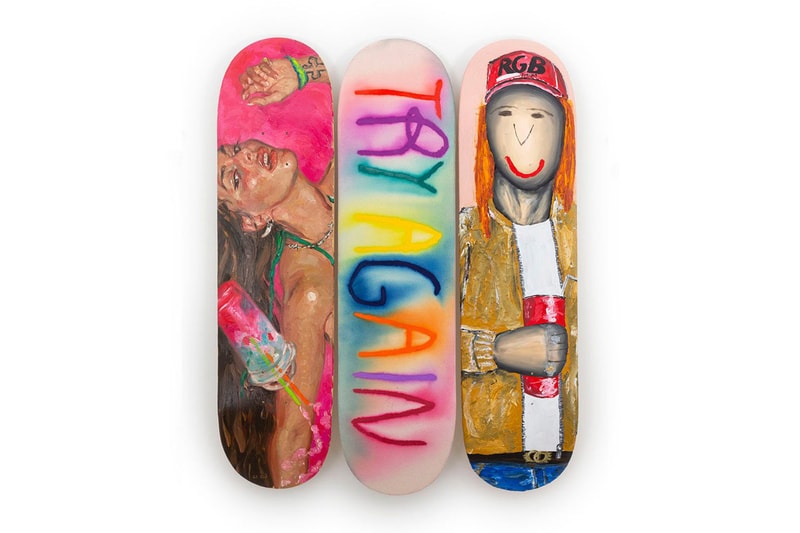 CB Hoyo, Evgen Čopi Gorišek and Pascal Möhlmann Join Forces on “FALLING” Skate Decks skateboard skate room largest triptych art vibrant renaissance baroque smile smiling