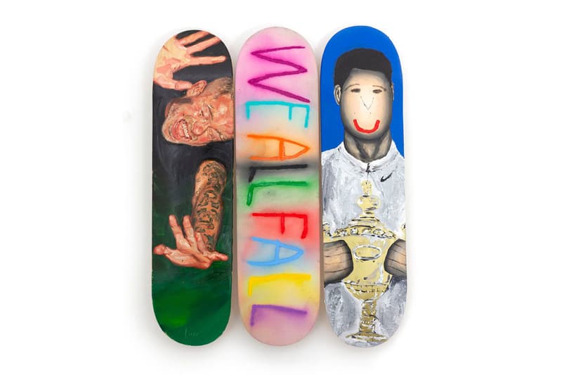 CB Hoyo, Evgen Čopi Gorišek and Pascal Möhlmann Join Forces on “FALLING” Skate Decks skateboard skate room largest triptych art vibrant renaissance baroque smile smiling