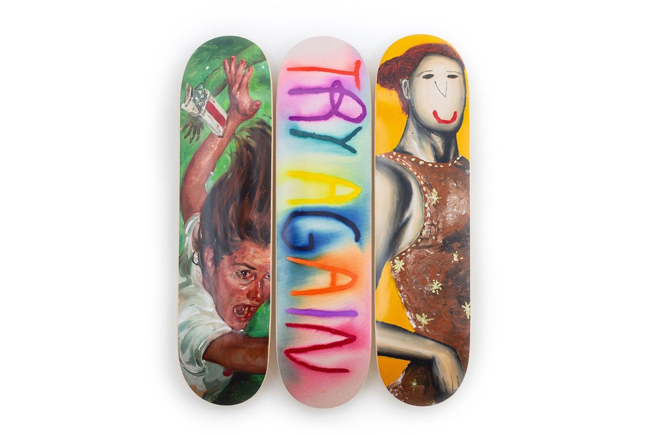 CB Hoyo, Evgen Čopi Gorišek and Pascal Möhlmann Join Forces on “FALLING” Skate Decks skateboard skate room largest triptych art vibrant renaissance baroque smile smiling