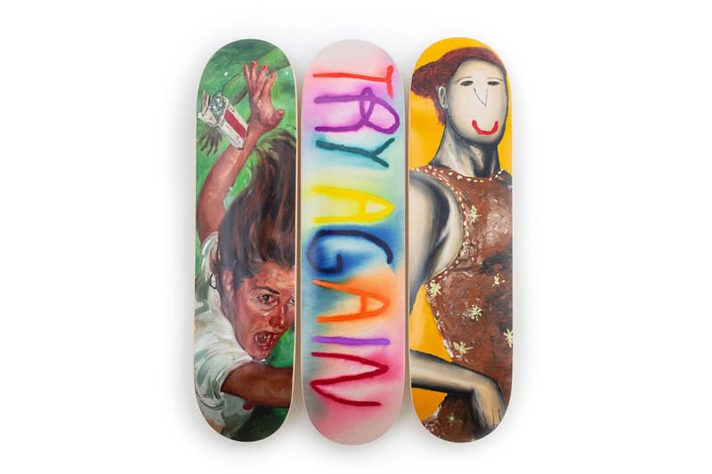 CB Hoyo, Evgen Čopi Gorišek and Pascal Möhlmann Join Forces on “FALLING” Skate Decks skateboard skate room largest triptych art vibrant renaissance baroque smile smiling