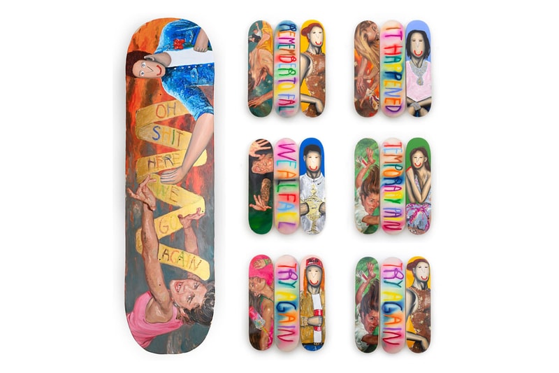 CB Hoyo, Evgen Čopi Gorišek and Pascal Möhlmann Join Forces on “FALLING” Skate Decks skateboard skate room largest triptych art vibrant renaissance baroque smile smiling
