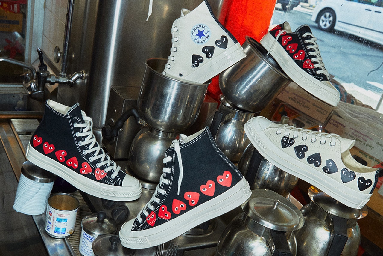 COMME des GARÇONS Play Covers the Converse Chuck 70 in Its Signature Motif hearts eyes cdg play high top low top sneaker footwear red black white logo icon graphic paint timeless classic pocket shop nyc new york dover street st market red heart black white