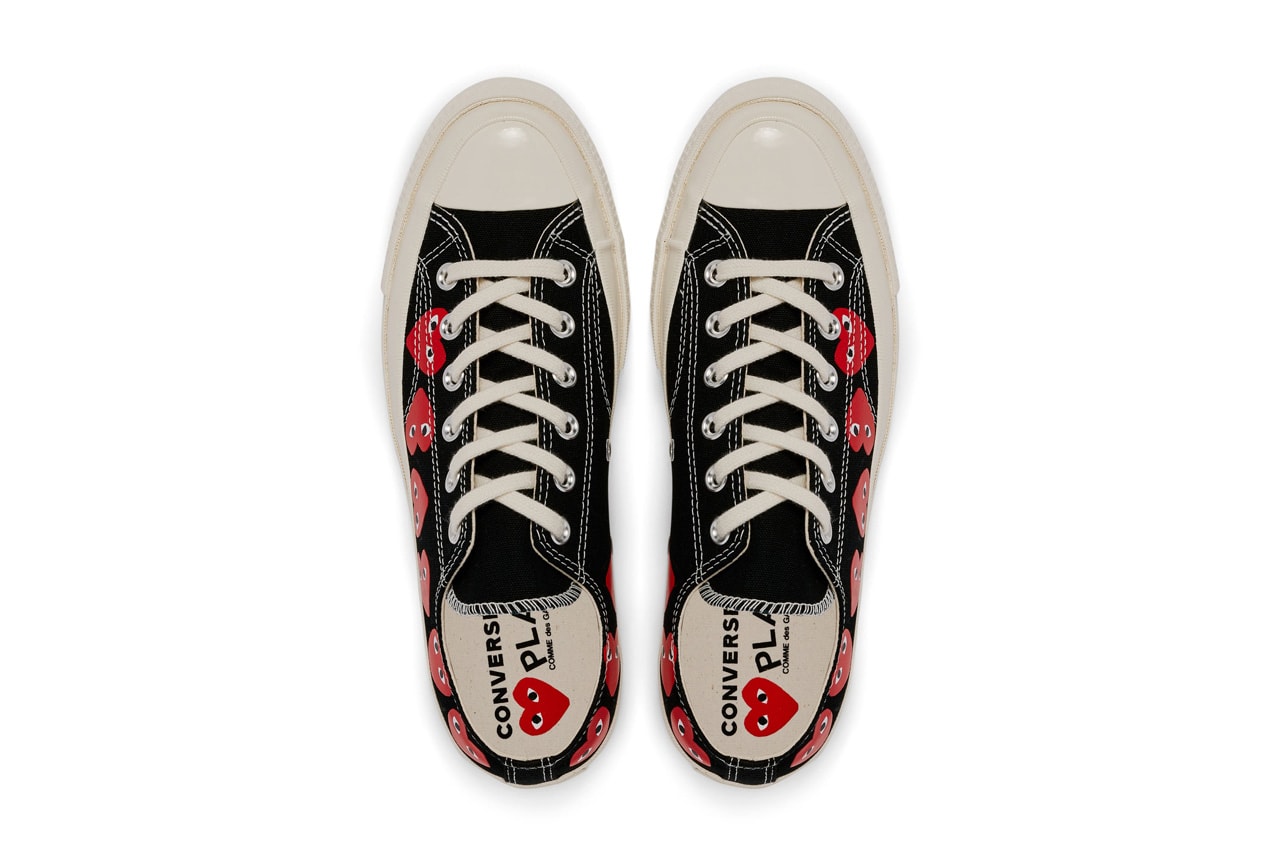 COMME des GARÇONS Play Covers the Converse Chuck 70 in Its Signature Motif hearts eyes cdg play high top low top sneaker footwear red black white logo icon graphic paint timeless classic pocket shop nyc new york dover street st market red heart black white
