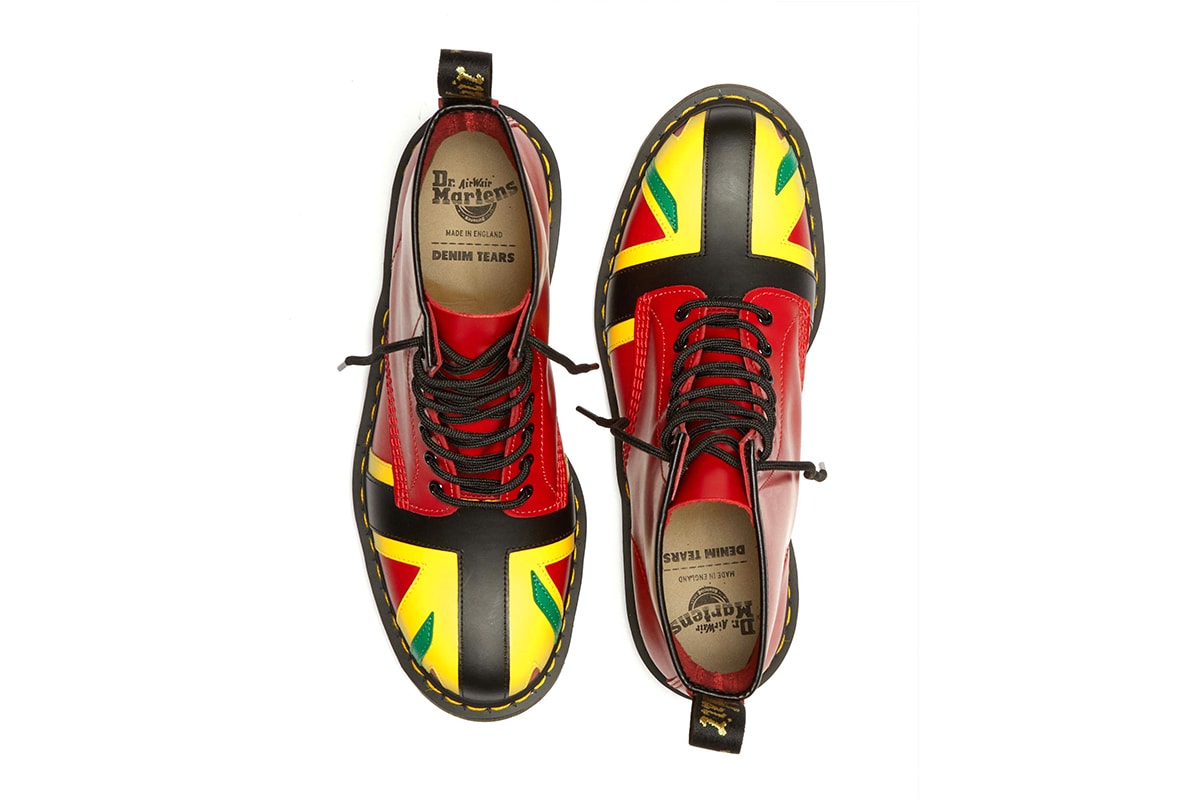 Dr. Martens x Denim Tears Collaboration Celebrates the Legacy of the Afro-Caribbean Diaspora release info windrush generation paiir of shoes with flag painted tremaine emory supreme