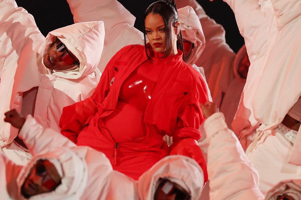 Rihanna's Superbowl Outfit Can Now Be Yours, Courtesy of LOEWE red asap rocky pregnant halftime show performance song dance drses jumpsuit rza riot