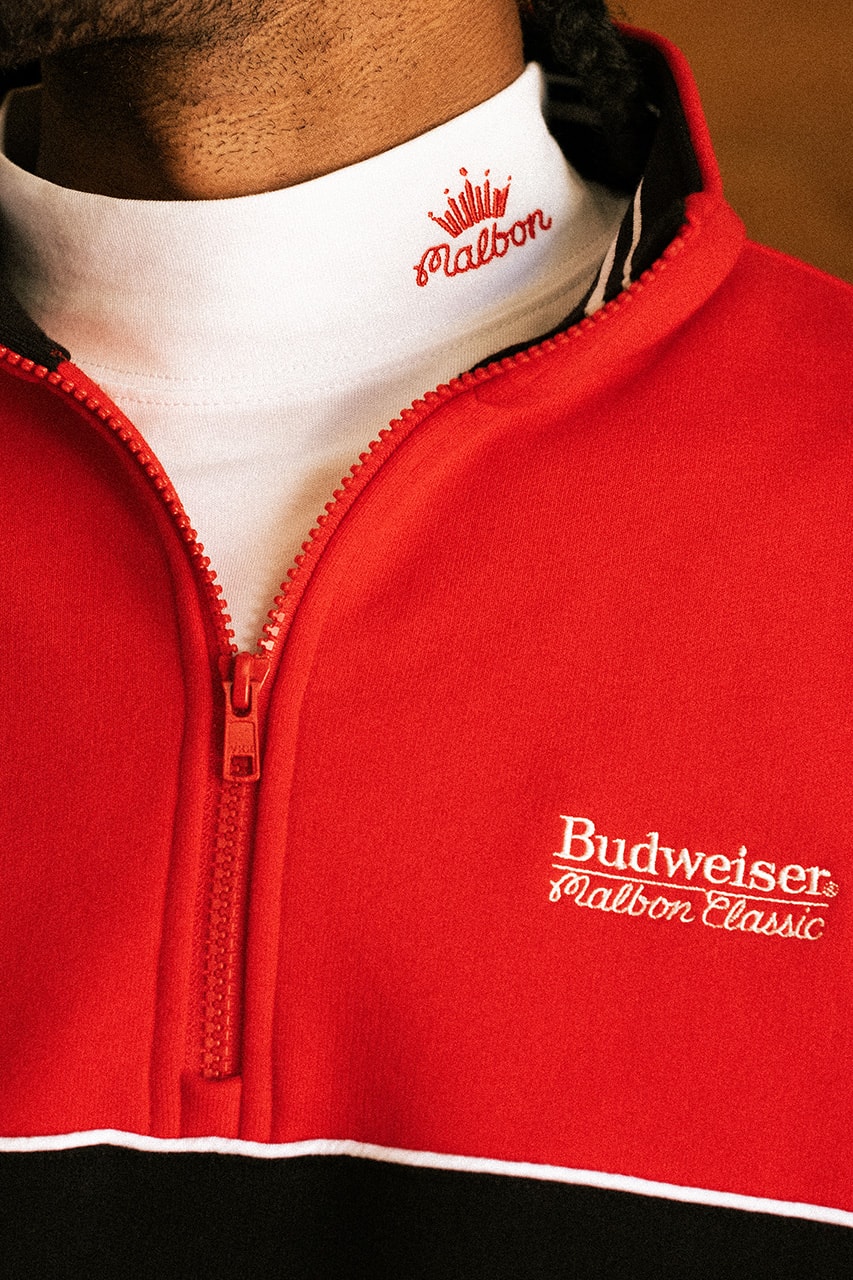 malbon gold budweiser collaboration collection capsule release info tee shirt pants shorts hat polo cardigan