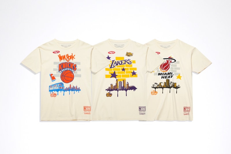 Mitchell & Ness x TATS CRU Link for Hip-Hop 50 Capsule basketball teams cities honored in the capsule include New York, New Jersey, Atlanta, Chicago, Miami, Detroit, Los Angeles, and heat pistons Philadelphia nba season knicks bulls sixers lakers nets goat kobe anniversary major metropolitan cities rap hip hop culture