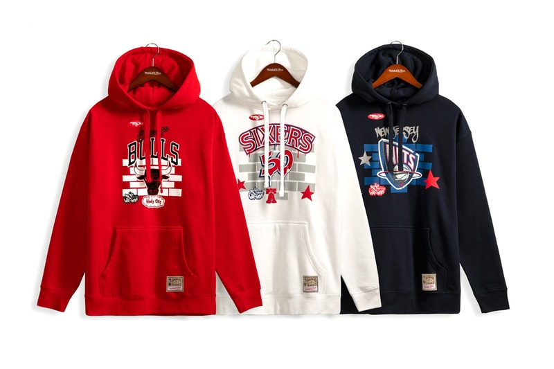 Mitchell & Ness x TATS CRU Link for Hip-Hop 50 Capsule basketball teams cities honored in the capsule include New York, New Jersey, Atlanta, Chicago, Miami, Detroit, Los Angeles, and heat pistons Philadelphia nba season knicks bulls sixers lakers nets goat kobe anniversary major metropolitan cities rap hip hop culture